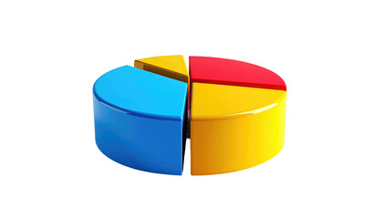 3D pie chart with blue, yellow, red and orange sections, glossy and isolated on a black background
