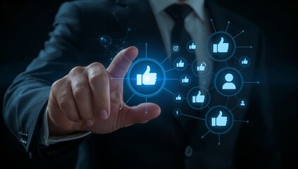 Fototapeta premium A professional person with a suit interacting with social media likes and connections, symbolizing online engagement
