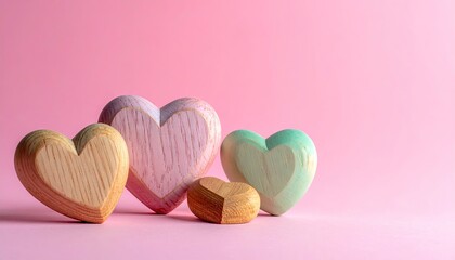 Collection of charming heart shapes in wood and soft pastel colors arranged on a vibrant pink backdrop.