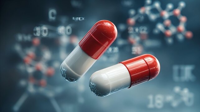 In the center of the picture, there are two red and white capsules, with an electronic clock and molecular structures in the background.