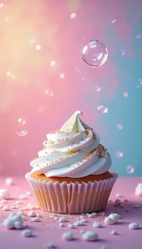Sebuah cupcake dengan lapisan krim putih dan taburan meses di atas permukaan berwarna merah muda.