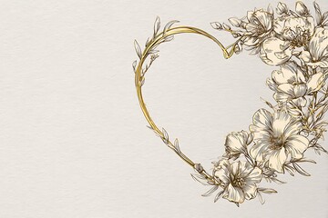 Elegant floral heart frame illustration with vintage style, featuring delicate flowers, gold accents, and a soft, romantic atmosphere.
