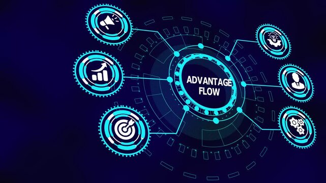 ADVANTAGE FLOW competitive business optimization concept with digital icons highlighting performance leverage, analytics integration, and strategic gain.