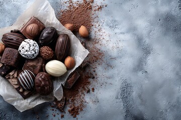 An assortment of decadent chocolate truffles and cocoa powder on a textured gray background, a luxurious and tempting treat.