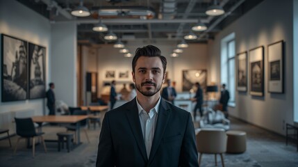 Fototapeta premium A sophisticated man standing confidently in a modern art gallery, emanating an aura of success and intelligence. He is impeccably dressed, surrounded by art.