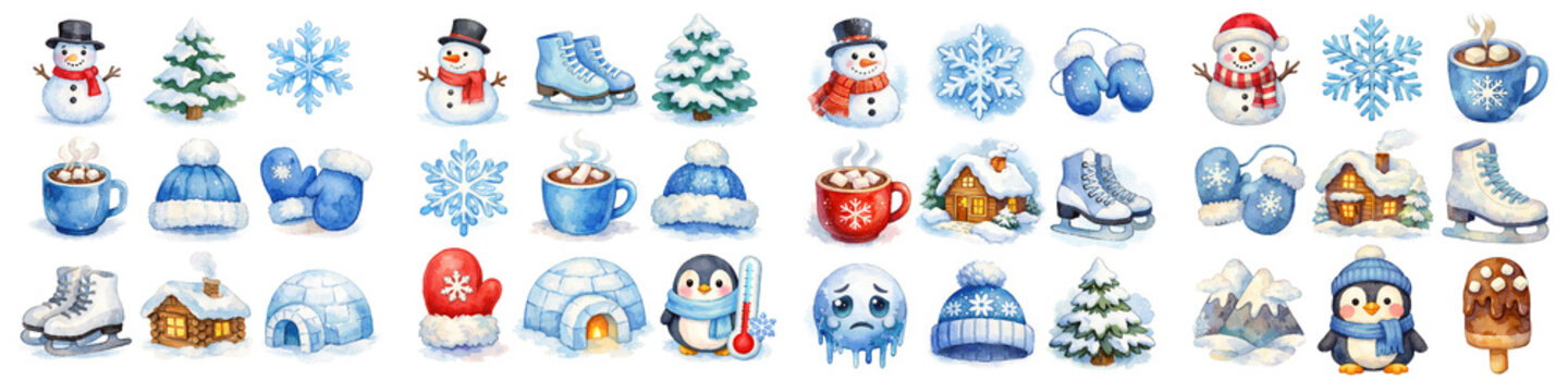 Watercolor winter clipart collection with snowmen, cocoa, mittens, skates, cabins, trees and snowflakes. Hand painted icons for christmas patterns, kids prints and crafts.