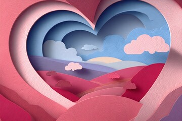 A layered paper art landscape featuring pink hills and blue clouds within a heart shape, evoking love and serenity.