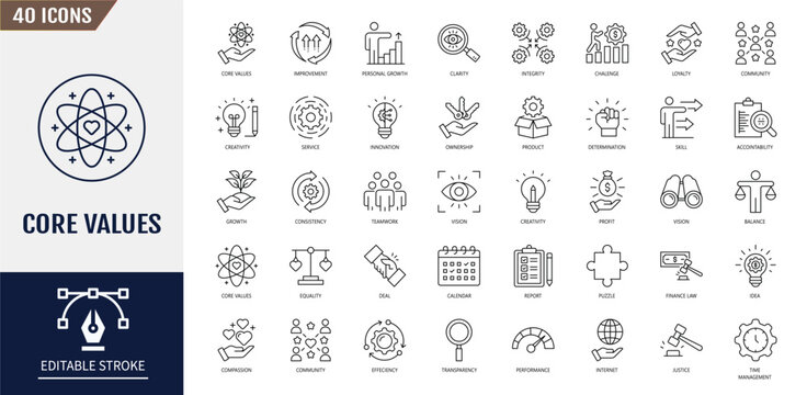 Core values icon set. Containing acceptance, achievement, adaptability, authenticity, autonomy, balance, badness and more. Vector illustration