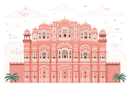 Hawa Mahal, Jaipur, pastel flat vector style, white background