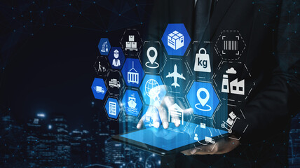 Global shipping icons show transport, loEnticeics, and cargo delivery. Global shipping connects supply chain, global shipping management, and worldwide goods distribution. Entice