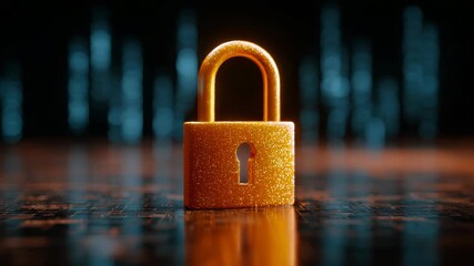 Close-up of a glowing orange padlock on a glossy circuit-like surface, with a defocused digital background, symbolizing cybersecurity and encryption - Powered by Adobe