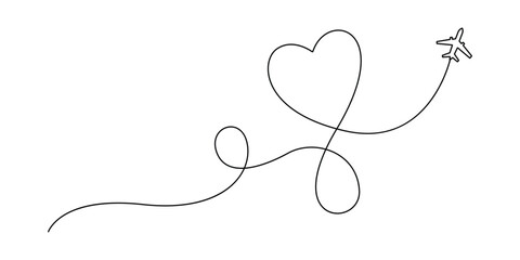 Minimalist single line art vector illustration of an airplane's flight path forming a heart shape. Single continuous black line represents an airplane's route