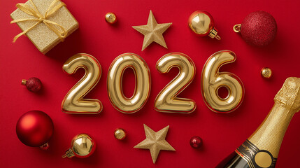 New Year 2026 Celebration with Golden Numbers, Champagne, Gift Box and Star Decorations, Vertical Festive Scene