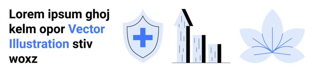 Healthcare, business growth, wellness, protection, financial improvement, symbols. Shield with cross, upward bar chart lotus icon. Healthcare and business growth