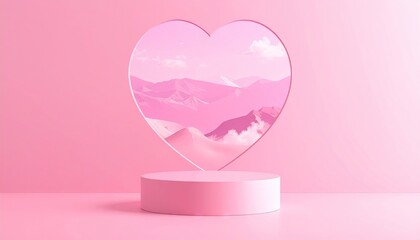 Minimalist pink heart frame revealing abstract mountain landscape on podium.