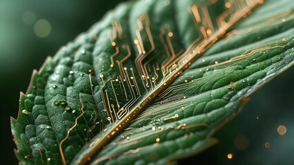 A detailed image of a green leaf with gold circuit board patterns etched across its surface