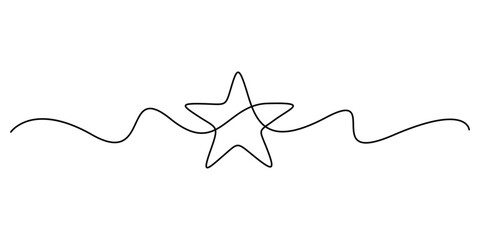 Minimalist illustration of a star created using a single continuous line drawing style. One line art star vector illustration