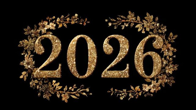 Glittery golden 2026 numbers with detailed floral ornaments, elegant style on black background. Concept of new year celebration and luxury