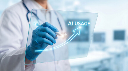 AI usage growth concept in healthcare shown by doctor interacting with digital interface.