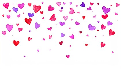 A whimsical scattering of colorful hand-drawn hearts in pink red and purple hues on a white background.
