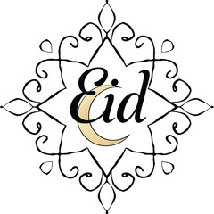 Elegant eid greeting design featuring a crescent moon and intricate ornamental frame