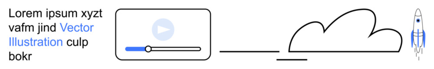 Digital streaming, media technology, data storage, innovation, modern design, creative resources. Styled cloud, rocket and media player elements. Digital streaming and media