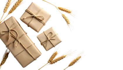 Three wrapped packages tied with twine, arranged with wheat stalks against a solid black background. Rustic, natural theme