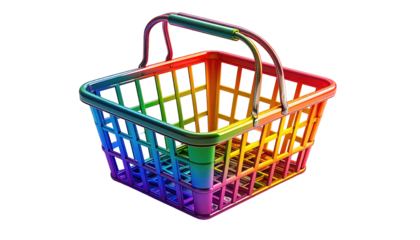 A vibrant, colorful shopping basket rendered with a glossy, gradient rainbow effect, with a handle. Isolated on black