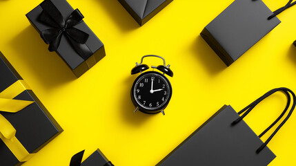 Black Friday Shopping Concept with Alarm Clock, Paper Bags and Gift Boxes on Yellow Background, Top View
