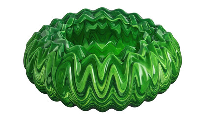 A 3D render of a green, wavy, ring-like structure with varying shades of green, set against a solid black background