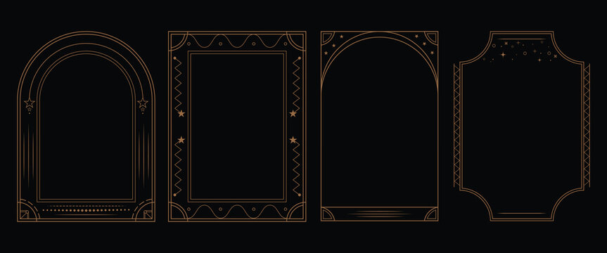 A set of four elegant golden art deco frames on a black background, perfect for esoteric cards, luxury menus, and vintage design invitations