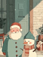 Cheerful Santa and snowman standing together in winter