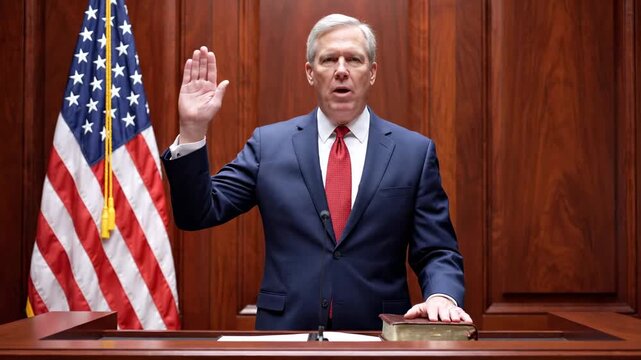 Adult man taking an oath in various stages, showing his hand raised and solemn expression, with an American flag and podium.