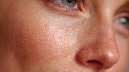 Fototapeta premium Extreme macro shot reveals clean human skin texture on a cheek, highlighting visible pores and fine hairs under soft natural lighting.