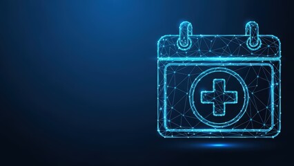 A digital wireframe illustration of a calendar with a medical cross symbol on a dark blue background