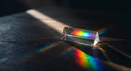 A moody, abstract shot of light refracting through a crystal prism on a dark surface, creating a spectrum of rainbow colors and shadows.