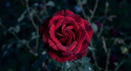 A dramatic shot of a blooming rose in a dark garden, illuminated by moonlight, highlighting the velvet texture of the petals and dewdrops.
