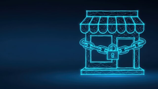 A brightly lit wireframe illustration of a storefront is secured with a thick metal chain and padlock symbolizing business lockdown or security concerns on a dark blue background