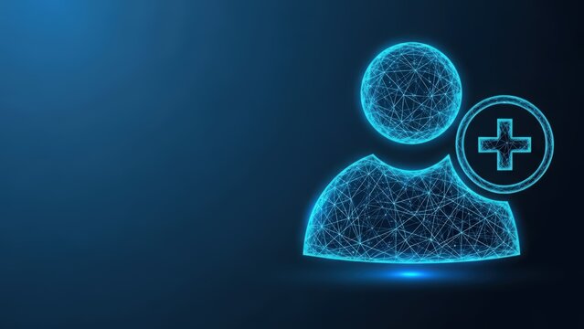 A glowing blue digital wireframe icon representing a person on a dark background