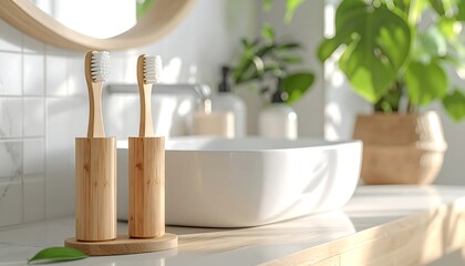 Bathroom scene featuring two toothbrushes in wooden holders, a sink, mirror, and a potted plant, evoking a clean aesthetic
