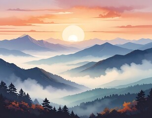 An illustration captures a majestic mountain range at sunrise, shrouded in mist and fog, with a warm, colorful sky