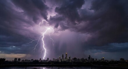 A dramatic shot of a stormy sky with lightning striking a distant city skyline, capturing the power of nature and urban resilience.