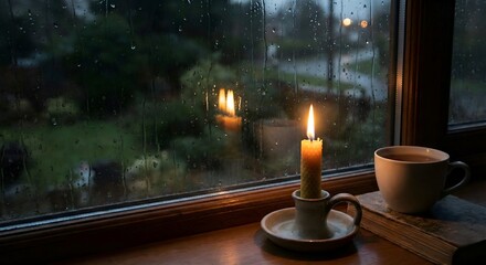 A moody shot of a burning candle reflecting in a window pane with rain outside, creating a cozy, contemplative, and spiritual atmosphere.