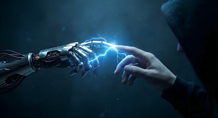 A cinematic shot of a futuristic robot hand touching a human hand, illuminated by a sparking connection of blue energy in a dark void.