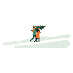 Naklejka premium Couple carrying a Christmas tree in the snow, celebrating the festive season