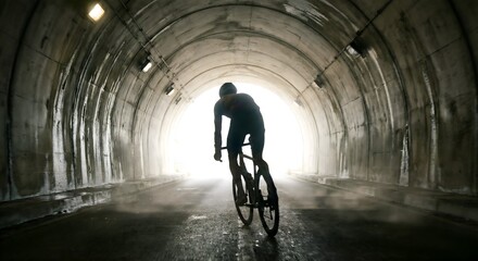 A cinematic shot of a cyclist riding through a tunnel, with the light at the end creating a silhouette and conveying speed and endurance.
