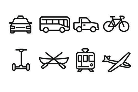 Transport Icons Collection. Multi-Mode Transport Icons linear set: ride-share car, highway coach, pickup truck, urban bike, light rail, hover scooter, rowboat, glider aircraft.