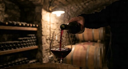 A moody, atmospheric shot of a wine glass being filled with red wine in a cellar, with low light highlighting the rich color and texture of the liquid.