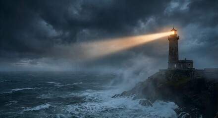 A dramatic shot of a heavy rainstorm over a stormy ocean, with a lighthouse beam cutting through the dark clouds and mist, symbolizing hope and guidance.