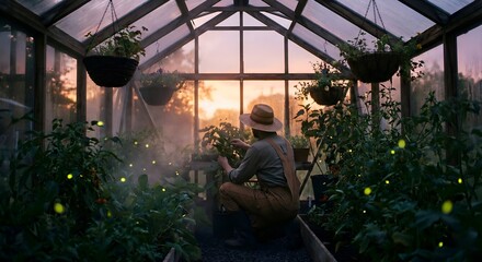 A serene, backlit shot of a gardener tending to plants in a greenhouse at twilight, with fireflies beginning to glow around the foliage.